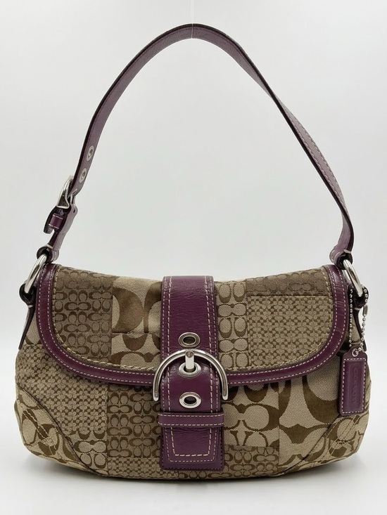 Coach Handbags - Coach Brown Signature Patchwork Shoulder Bag with Purple Trim